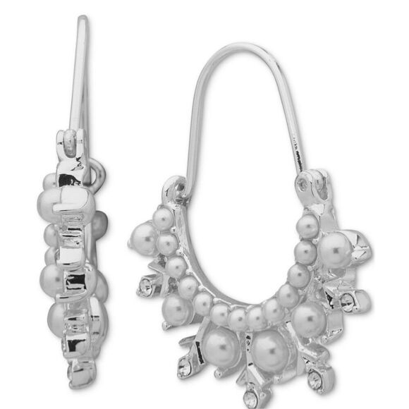 NEW Anne Klein Silver-Tone Crystal & Imitation Pearl Snowflake Hoop Earrings - Picture 1 of 3